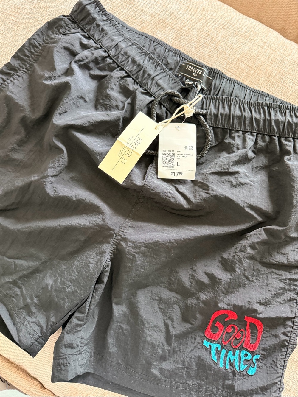 Forever 21 Men’s Black Athletic swim Shorts with Red & Teal 'Good Times' Graphic